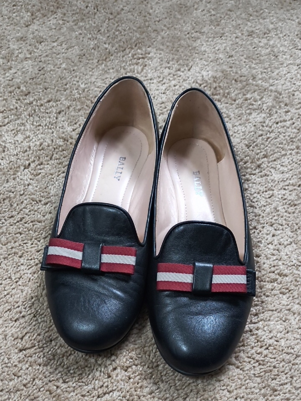 Bally Black Leather Women's Loafers with Red and Cream Striped Ribbon